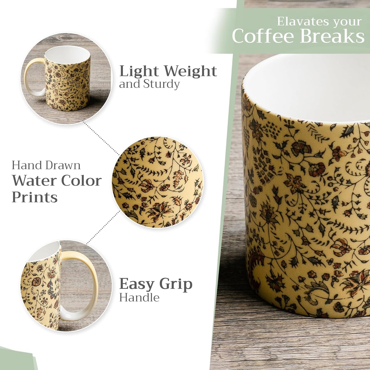 Maison d' Hermine Coffee Mug with Handles Fine Bone China Mugs Pack of One Tea Cups for Hot Beverages Cappuccino Latte Home Restaurant Office Perfect for Gift (Lakshmi - Daya, 12 Ounce)