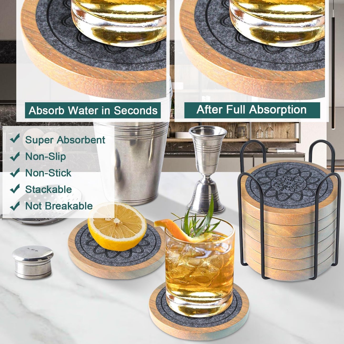 Wood Coasters for Drinks Set of 8, Minacun Absorbent Coaster, Drinks Coasters for Coffee Tabletop Protection, Non-Slip, Non-Stick, Suitable for Kinds of Cups Wooden Table Drink, 4.3 Inch Gray