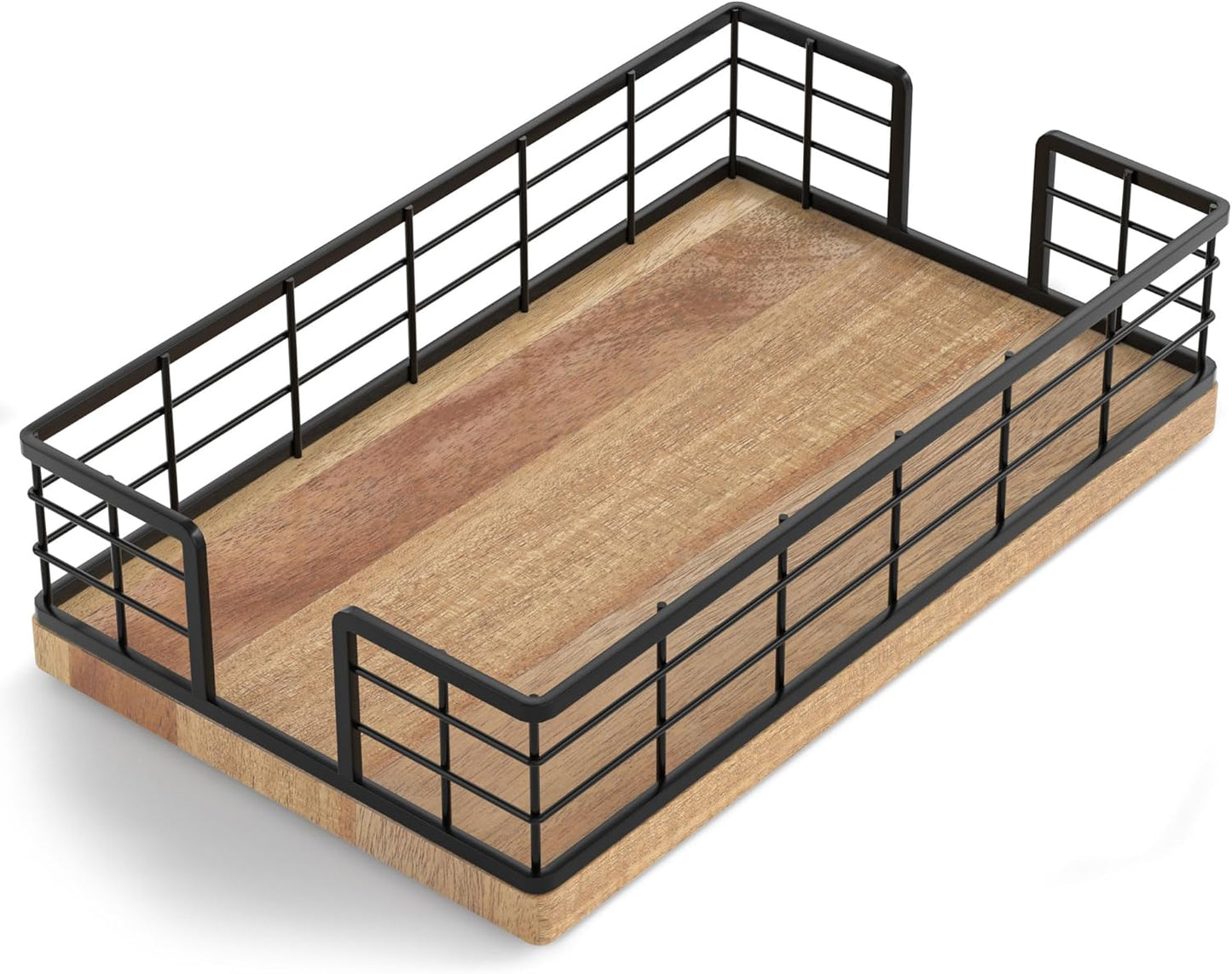 Wican Guest Towel Holder Tray for Bathroom, Acacia and Iron Napkins Holder for Powder Room Dinning Table Wooden Basket for Disposable Paper Hand Towels Black and Acacia