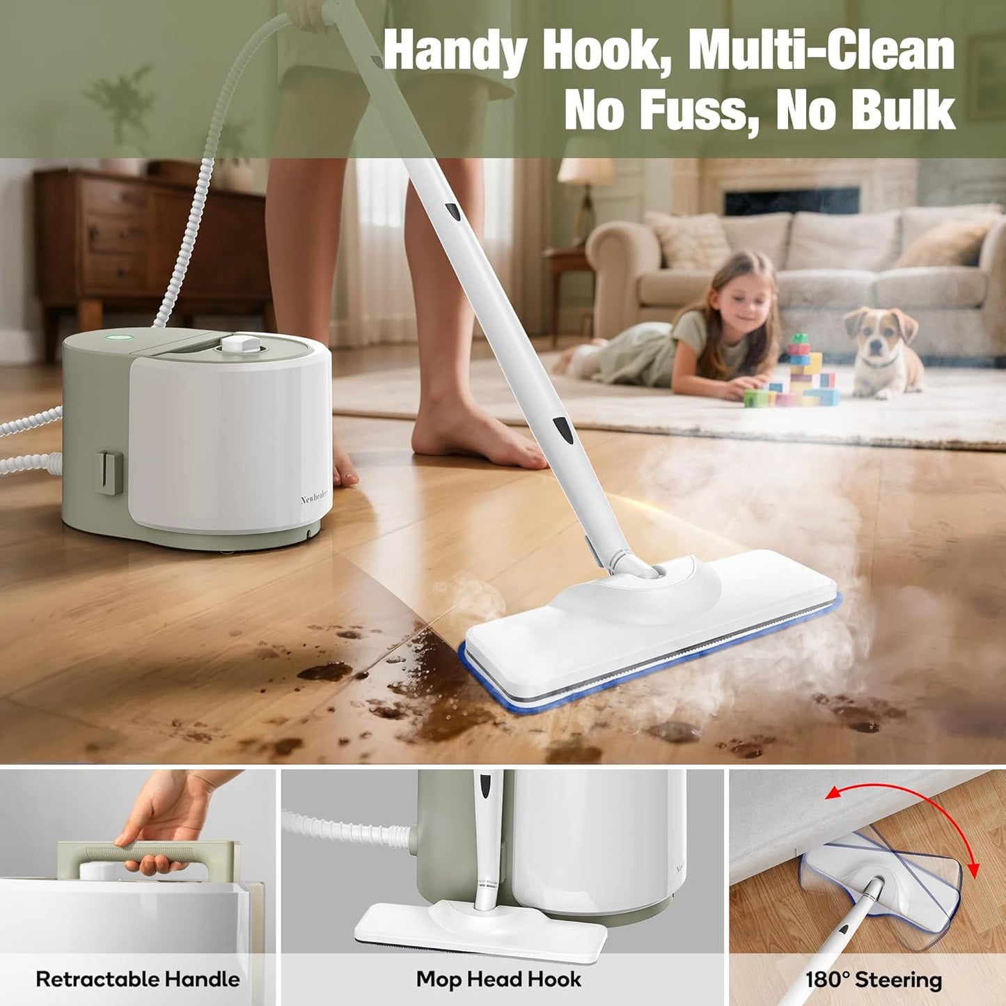 Newbealer Heavy-Duty Steam Cleaner for Home, Stainless Steel Boiler, Steam Mop with 20-Piece Accessories, Max 5 Bar, Multi-Purpose Steamer for Floors, Cars, Furniture, Upholstery, and More