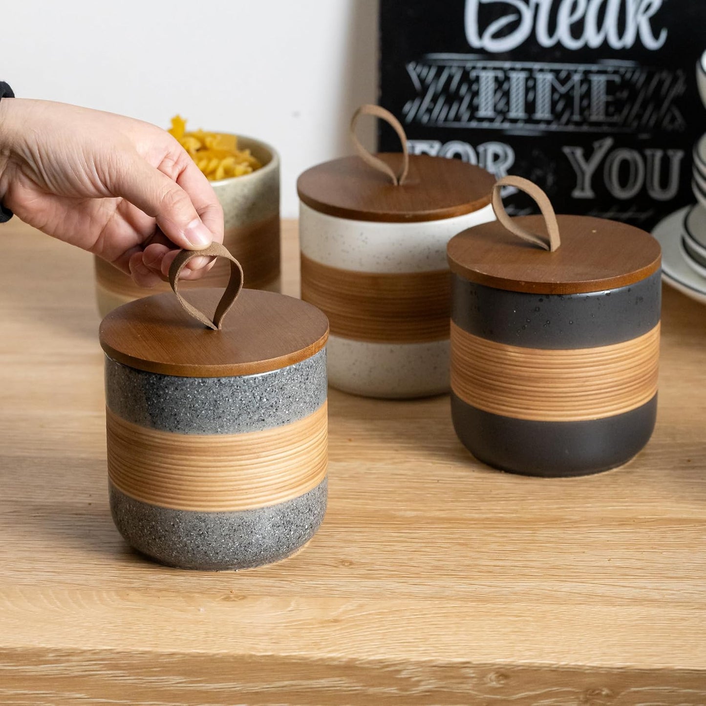 Small Ceramic Jar with Lid, Coffee Container, Coffee Canisters with Airtight Lids Kitchen Food Storage Jars for Spice Sugar Tea Bag, Mini Decorative Jars for Countertop, Grey & 5 fl.oz