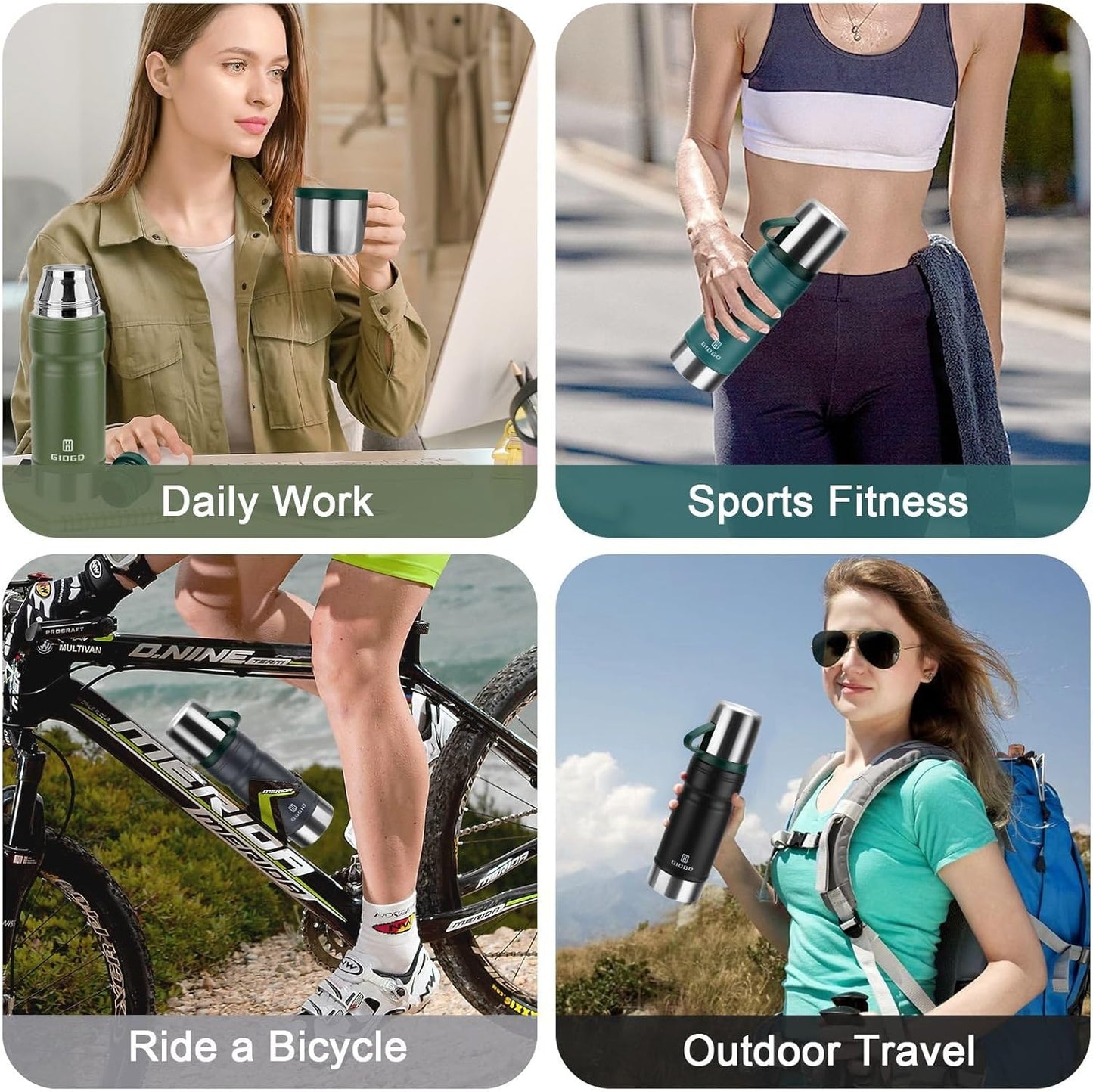 Vacuum Insulated Water Bottle Thermo Water Flask with Cup 680ml/23oz Stainless Steel Thermal Water Bottles Thermo for Hot and Cold Drinks Coffee Water(Green,Set)