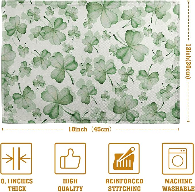 Shamrocks St. Patrick's Day Placemats Set of 4 Watercolor Lucky Clovers St Patrick's Day Table Mats Seasonal Spring Green Leaves Linen Place Mats for Party Kitchen Dining Outdoor Indoor Decor