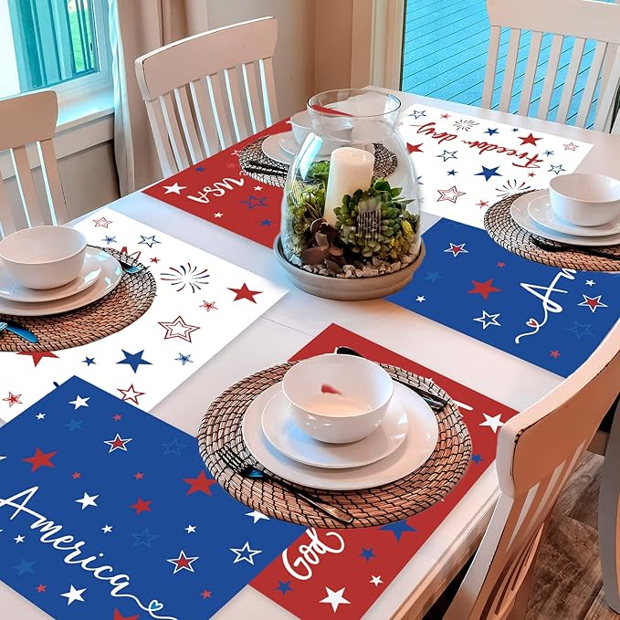 Memorial Day Placemat Set of 6 Patriotic Freedom Stars Place Mats 4th of July Veterans Plastic Table Mats Independence Day Holiday Table Placemats for Indoor Outdoor Party Dining