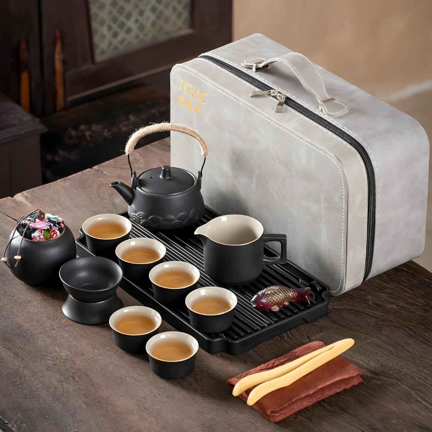 ICHAG Japanese Tea Set, Chinese Tea Sets for Adults, 15-Piece Porcelain Gongfu Tea Set with Tea Pet & Tea Tray, Japanese Teapot Set, Travel Tea Party Set, for Home/Office/Outdoor/Gifts