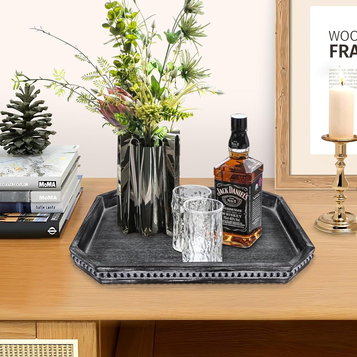 Decorative Coffee Table Serving Tray, Long Octagonal Black Wood Tray with Wooden Bead, Farmhouse Big for Ottoman Table, Countertop, Home Decor, 16.5"x13"x1.6" (Retro Black)