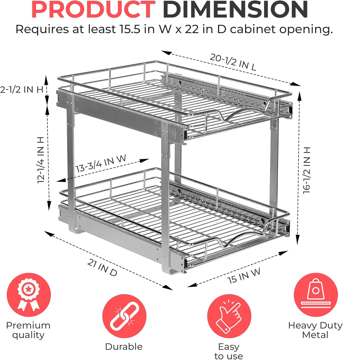 HOLDN’ STORAGE Two Tier Pull Out Cabinet Organizer, Individual Sliding Drawers - Heavy Duty Metal with Lifetime Limited Warranty - Anti Rust Chrome Finish - 15" W x 21”D x 16.5" H