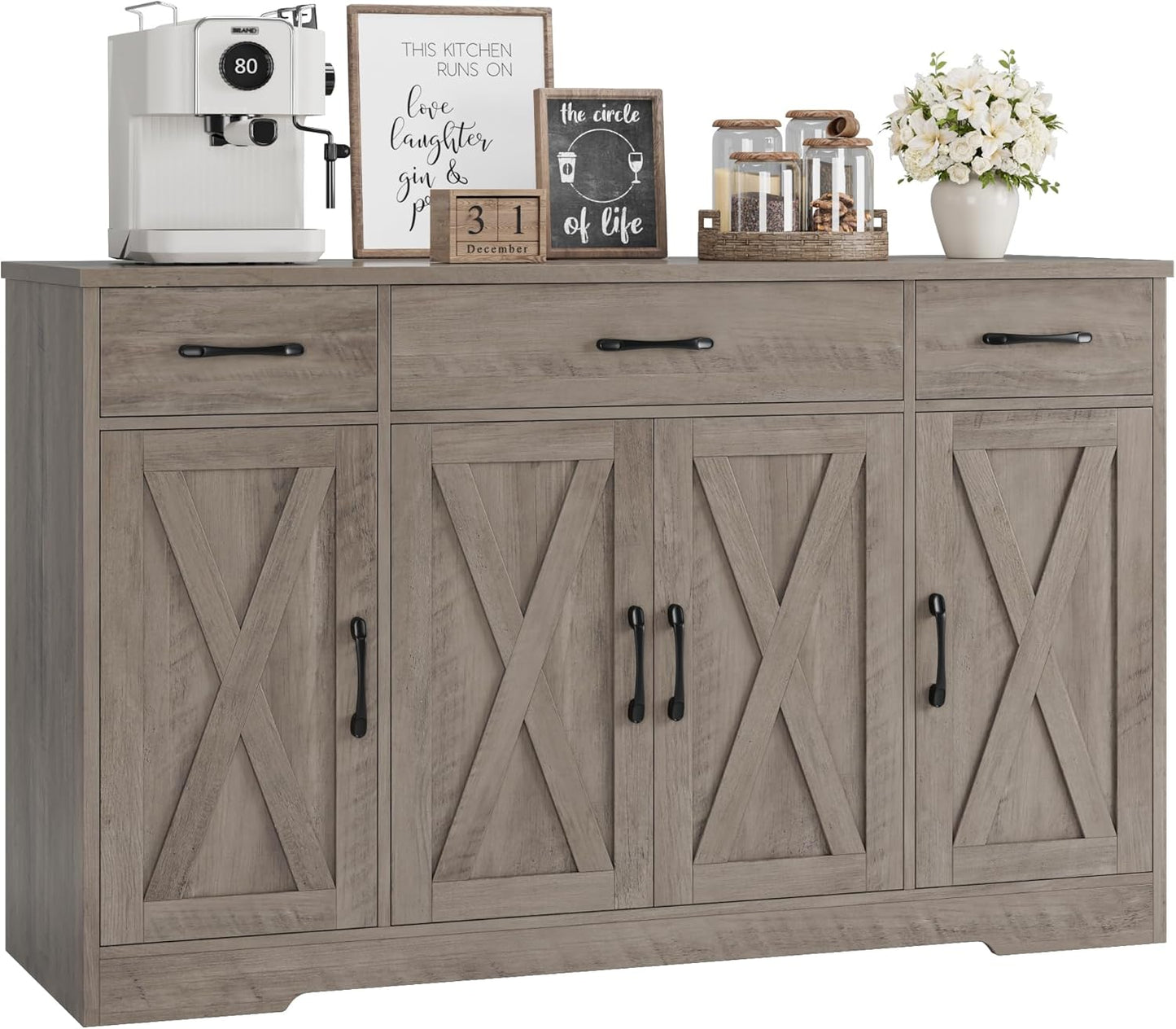 HOSTACK Buffet Sideboard Cabinet with Drawers, 55" Large Buffet Storage Cabinet with Shelves and Doors, Modern Farmhouse Coffee Bar Station for Kitchen, Dining Room, Ash Grey