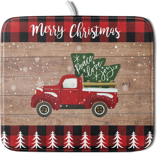Christmas Dish Drying Mat 16 x 18 Inch with Hanging Loop High Absorbent Reversible Microfiber Red Truck Buffalo Check Plaid Dish Mat Dish Drying Pad Dish Rack Pad Drainer Mat Counter Mat
