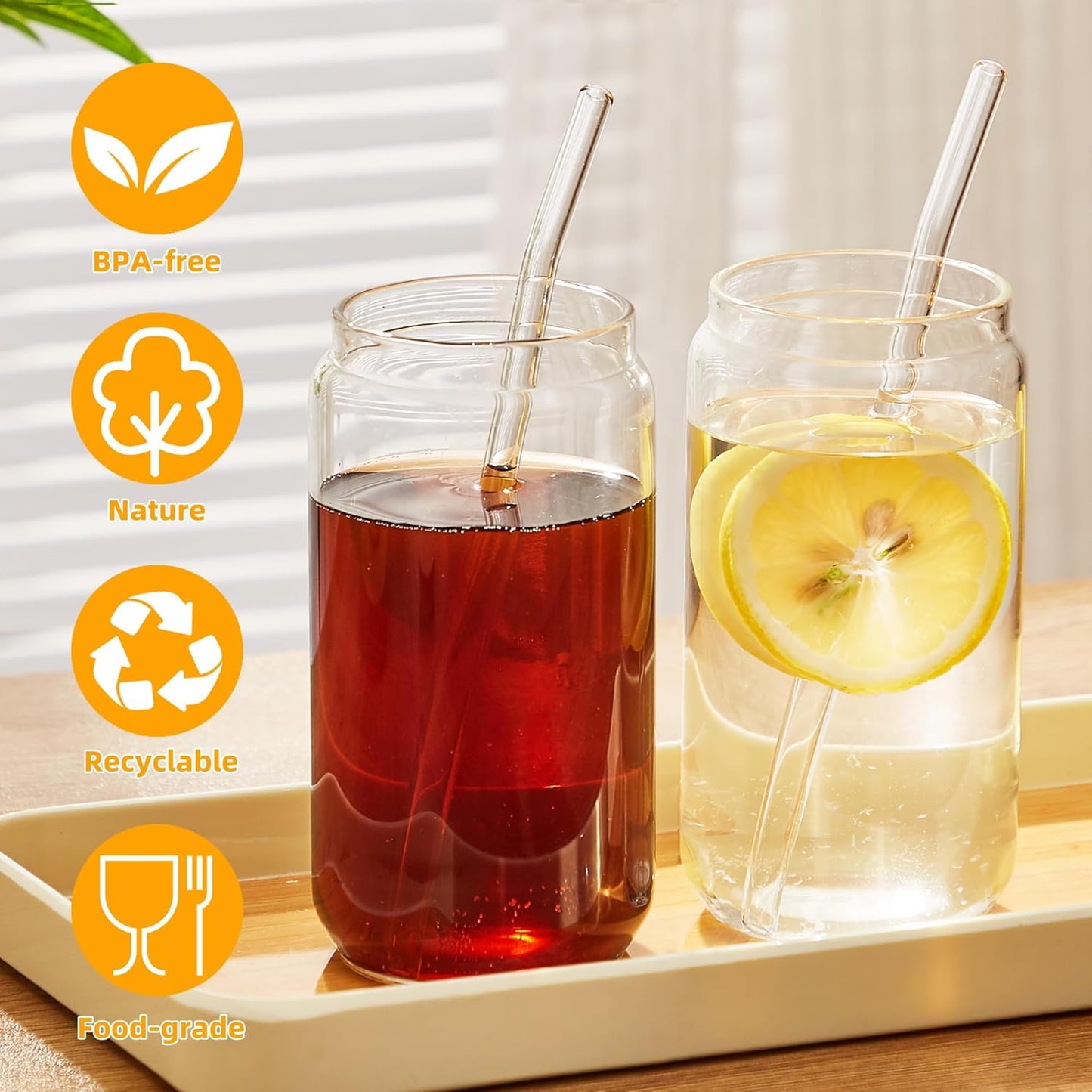 6pcs Set-16oz, Glass Cups with Bamboo Lids and Glass Straw - Beer Can Shaped,CuteTumbler Cup,Soda,deal for Cocktail,Iced Coffee Cups,6 Cleaning Brushes glass cups with lids and straws