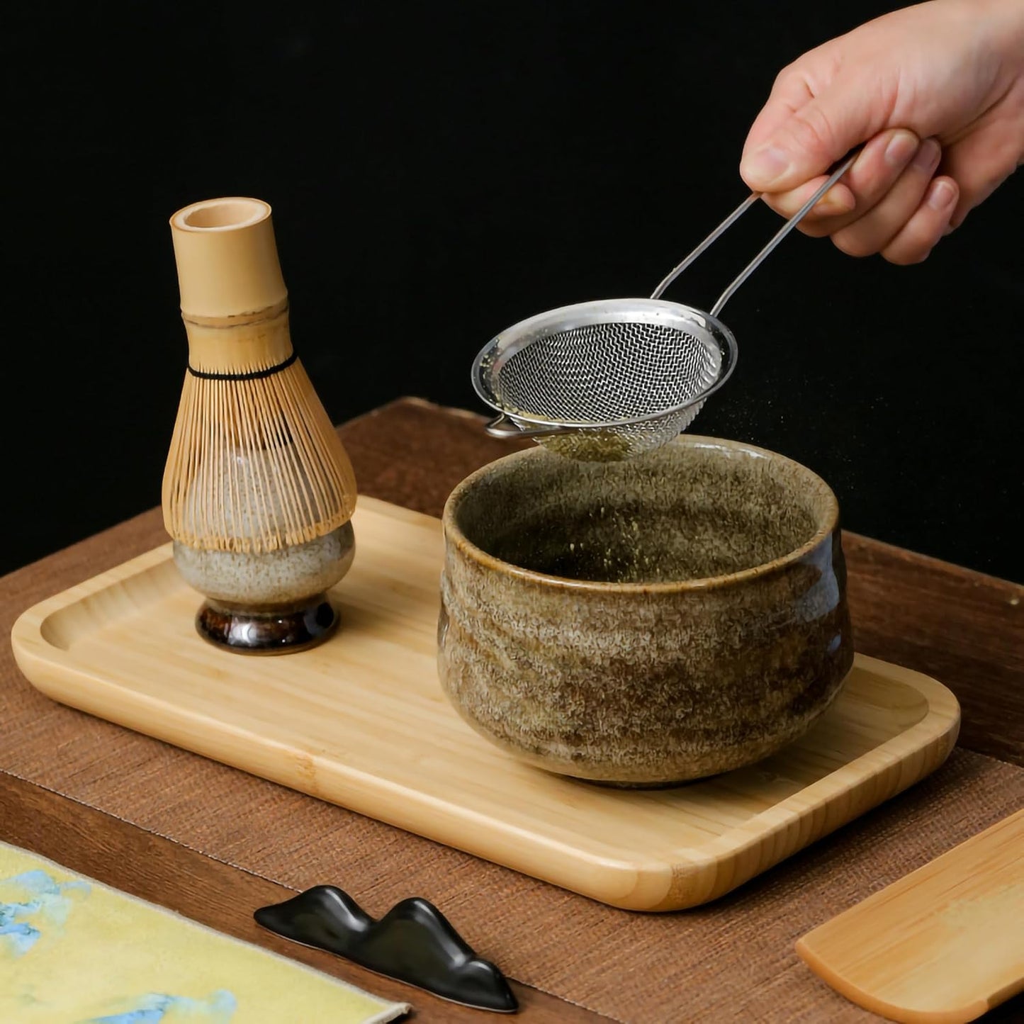 Japanese Matcha Tea Set (7pcs) - Matcha Whisk and Bowl, Whisk Stand (Chasen Holder), Scoop, Starter Making Kit for Matcha Tea Ceremony (Kiln Glaze-White)