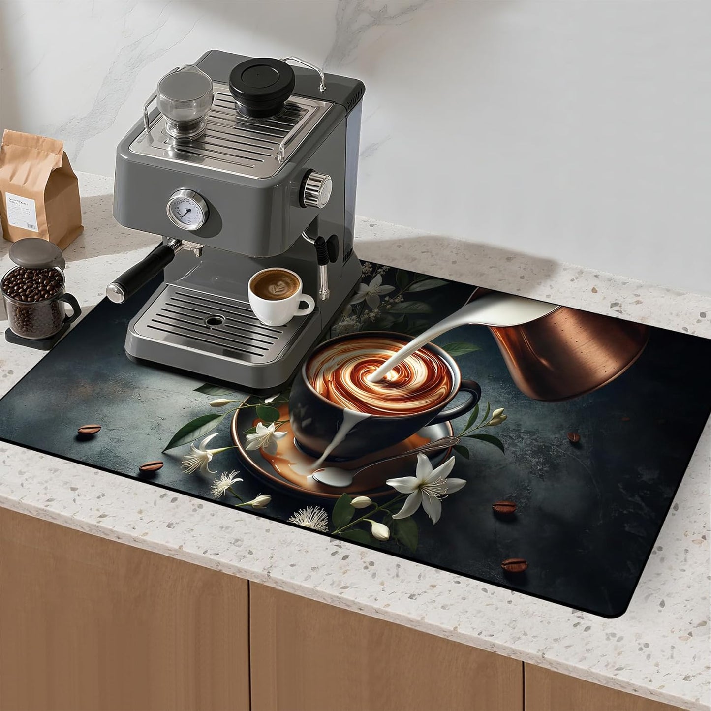 17"x 32" Coffee Bar Mat, Coffee Latte Art Absorbent Dish Drying Mat Cuttable Hide Stain Draining Table Pad for Kitchen Counter, Coffee Bar Accessories