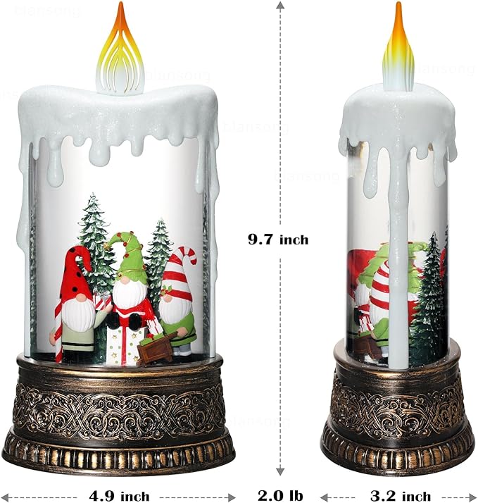 Gnome Snow Globe Candle Christmas Decorations Gifts Auto Snowfall Glitter Music Collection with 6H Timer USB/Battery Powered 9.7 inch
