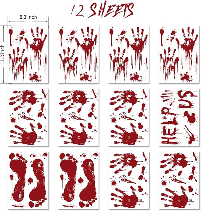 Halloween Window Clings Decorations, Bloody Handprint and Footprint Stickers, Scary Halloween Party Decor for Windows and Cars, Indoor/Outdoor Use - 12 Sheets