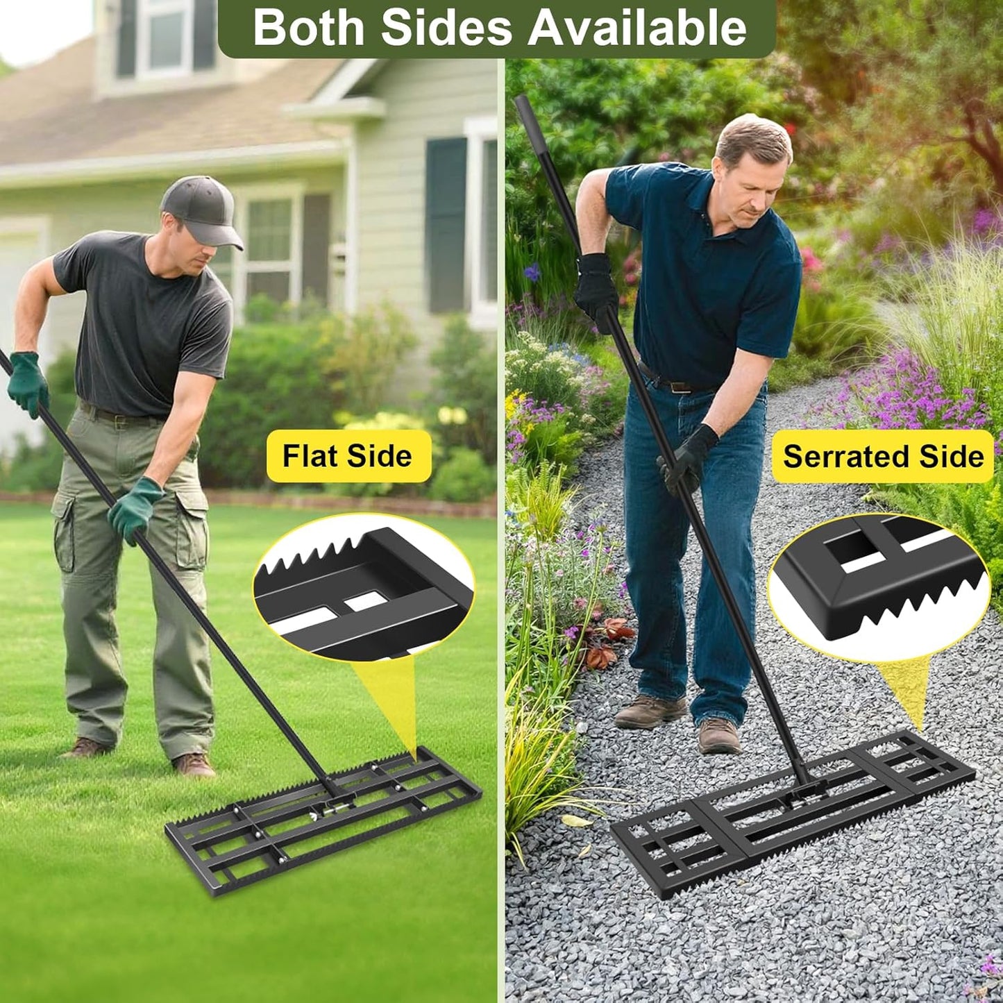 Lawn Leveling Rake-32"x10" Heavy Duty Leveler Reinforced Landscape Tool, Steel Lawn Rake with Serrated Edge & Smooth Plate for Level Soil Compost Sand Grass Dirt Yard Garden 6.5FT Adjustable Handle