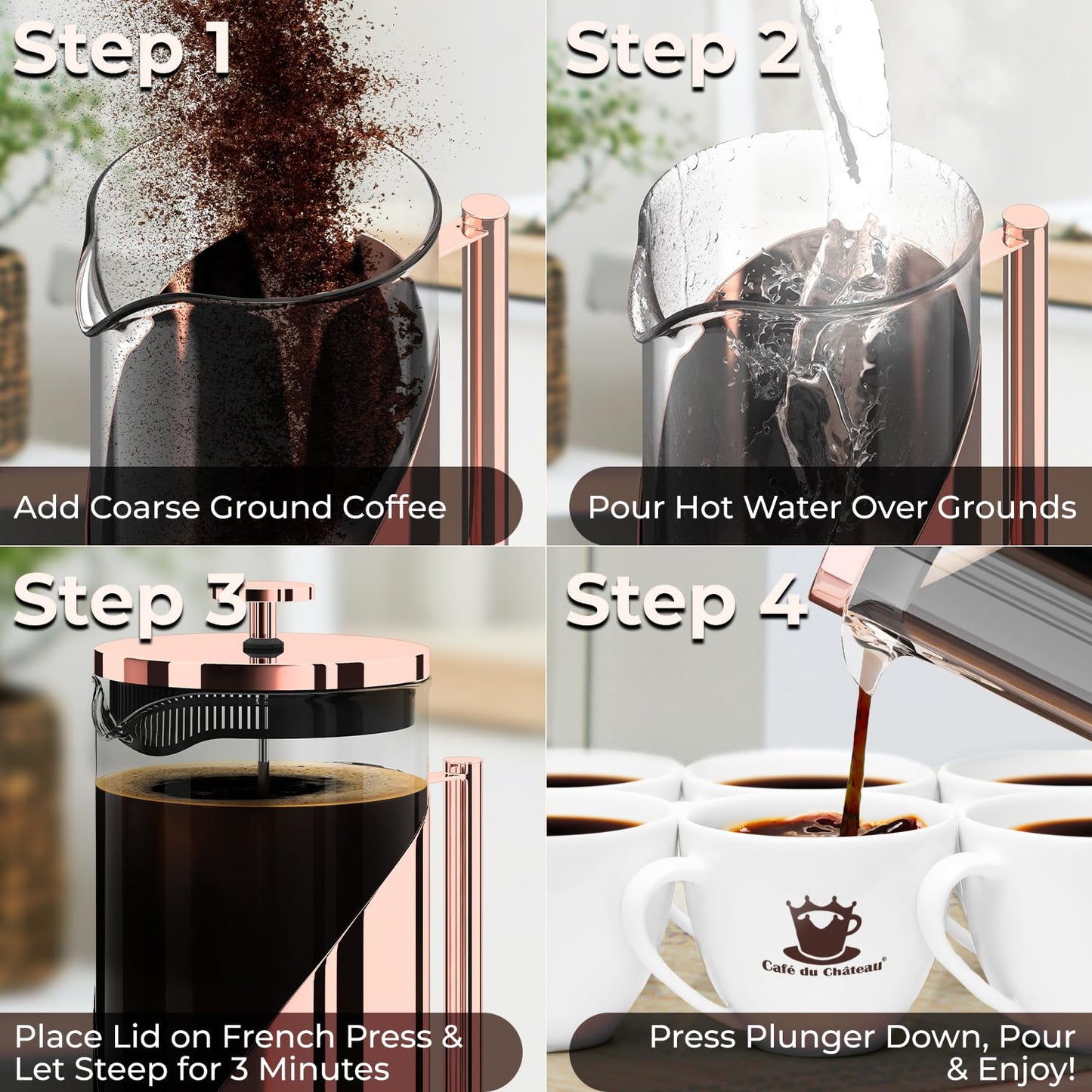 Cafe Du Chateau Stainless Steel French Press Coffee Maker - 34oz Insulated Coffee Press with 4-Level Filtration, BPA Free, Durable Glass, Great for Tea