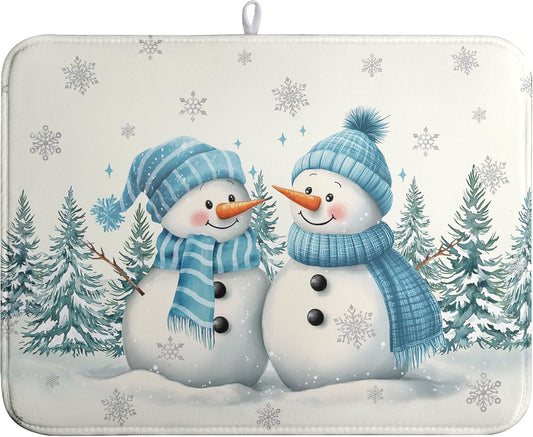 Winter Dish Drying Mat Winter Snowman Large Kitchen Mats Dish Drying Pad Blue Snowman Pine Tree Absorbent Dish Dryer Mat for Kitchen Countertops Microfiber Drainer Pad Dish Drying Mats (18x24 in)