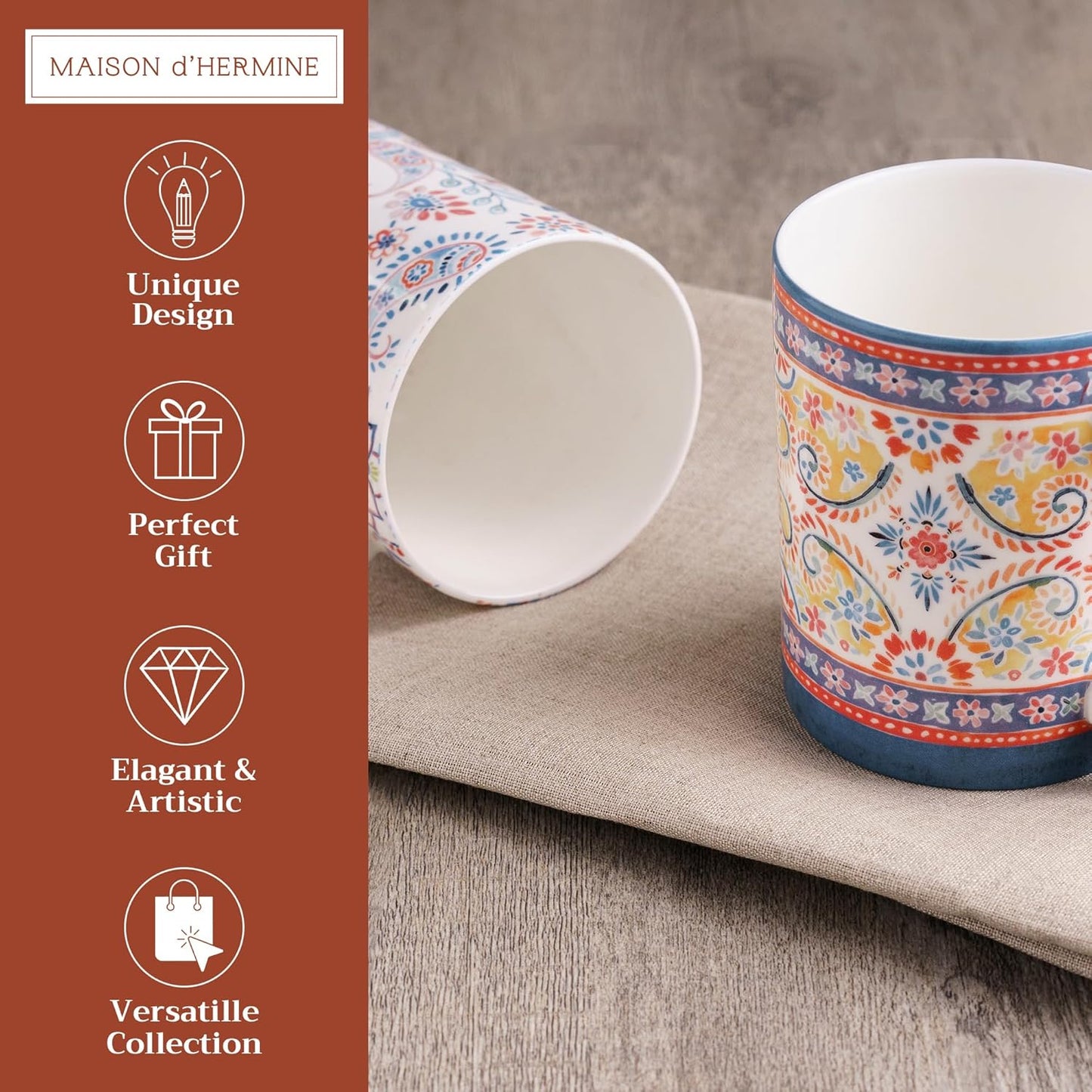 Maison d' Hermine Coffee Mug with Handles Fine Bone China Mugs Pack of Two Tea Cups for Hot Beverages Cappuccino Latte Home Restaurant Office Perfect for Gift (Indian Floral, 15 Ounce)