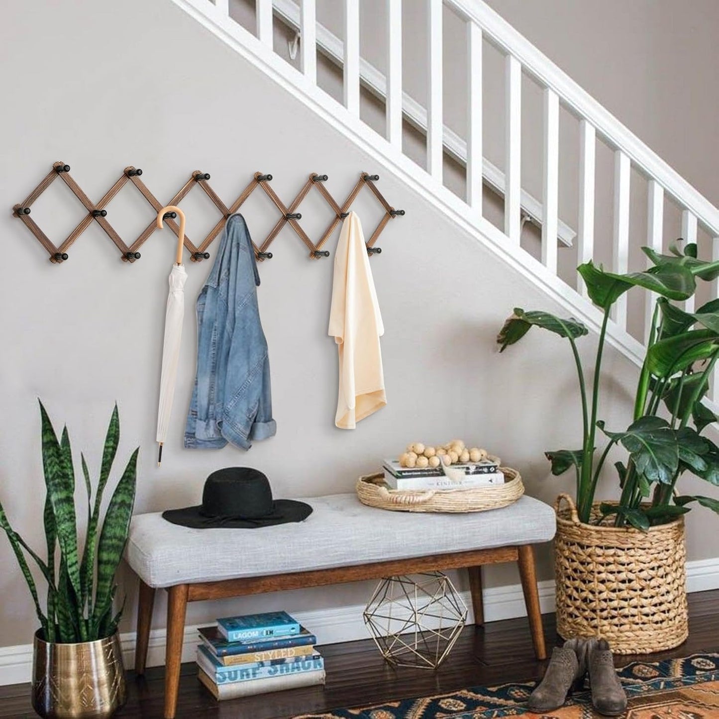 WGFKVAS Expandable Coat Rack, Accordion Wall Hangers, 19 Hooks Wooden Hat Rack Wall Mounted, Hat Hooks for Keys, Coffee Mug, Coats