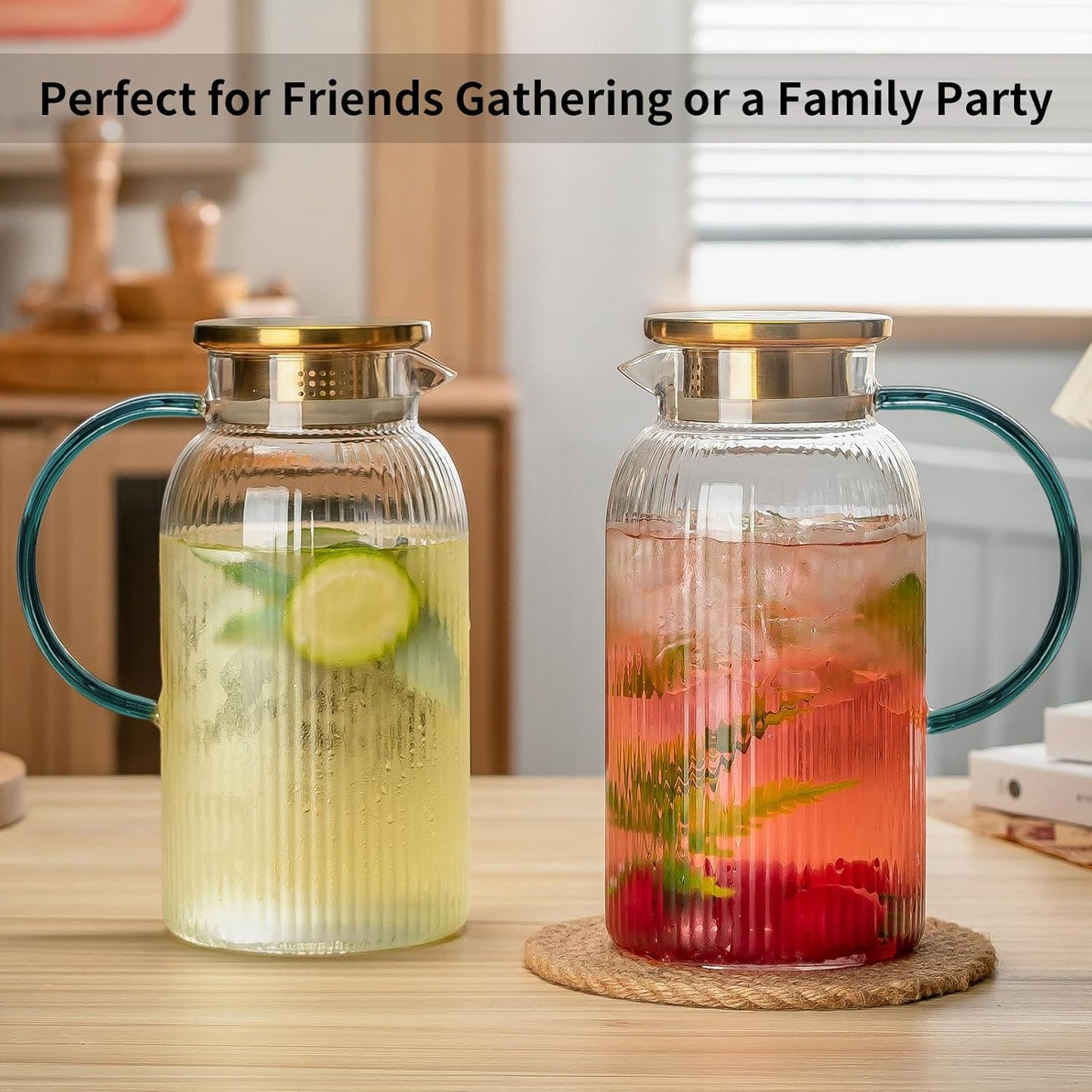 2 PACK Glass Pitcher with Lid,68 oz/ 2 Liter Vertical Stripes Water Pitcher With Green Handle,Glass Water Carafe for Cold Brew,Coffee, Lemonade, Iced Sun Tea,Beverage,Milk Heat Resistant
