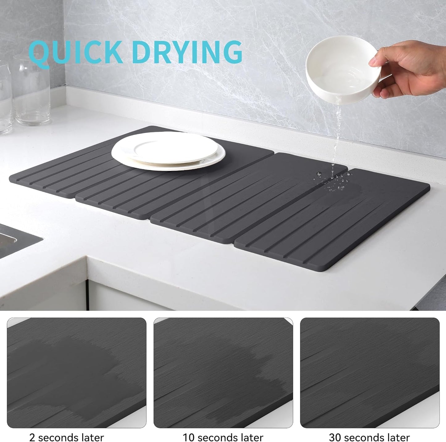 Extral Large Quick Dry Stone Drying Mat for Kitchen Counter,28x16 Inch Collapsible Eco-Friendly Absorbent Diatomaceous Earth Mat for Dishes Cups (Deep Gray-Upgraded Version, 24x16 inch)