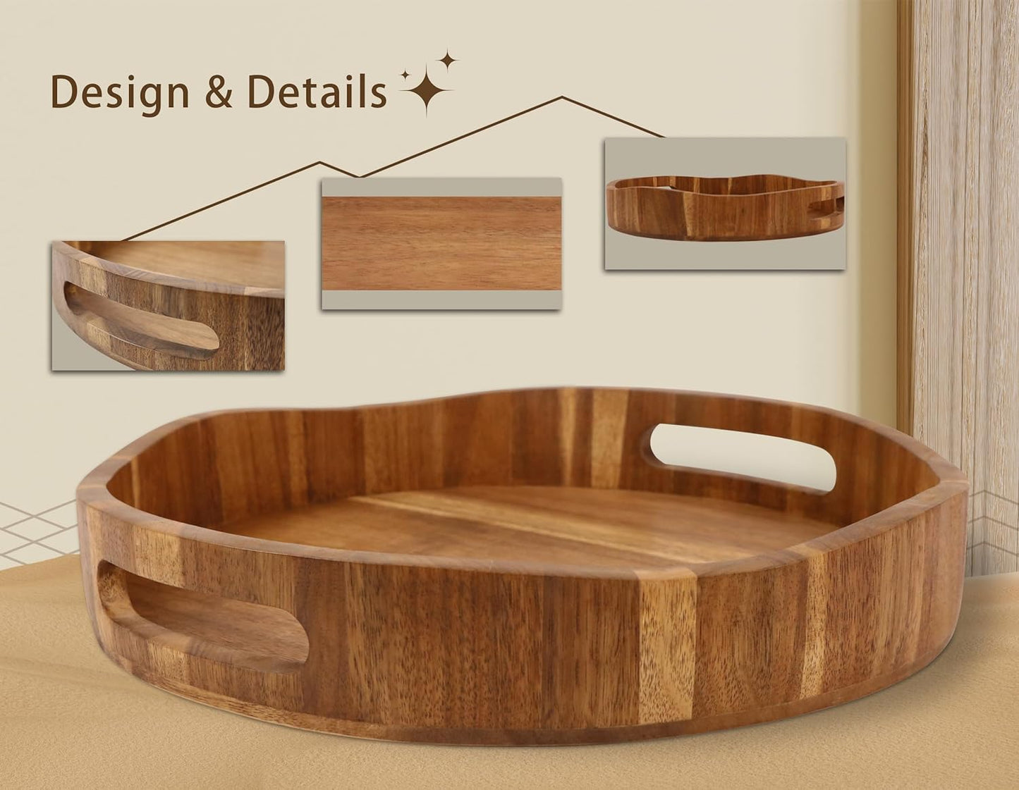 Acacia Wood Serving Tray with Handles, Round-12.6inch Perfect for Breakfast, Lunch, Dinner, Food Snacks Drinks for Coffee Table,Decorative Ottoman Tray for Living Room Kitchen, Bedroom