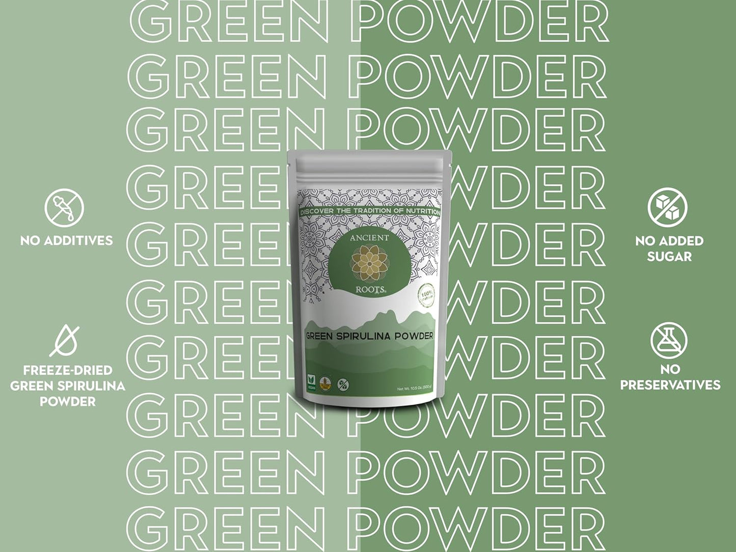 Ancient Roots Green Spirulina Powder - Freeze-Dried, All-Natural, No Sugar Added, Mix with Smoothies, Natural Food Coloring, Resealable Pouch - 10.5 Ounces (75 Servings)