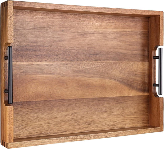 Joy&Grace Ottoman Tray for Living Room 16.7 x 12.8 inch Large Acacia Wooden Serving Tray with Handles for Coffee Table, Breakfast in Bed, Food Dinner, Decorative Rectangular Tray (Color Natural)