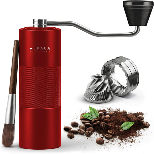 Manual Coffee Grinder by Alpaca Ventures - Stainless Steel Conical Burr Coffee Grinder Manual with Adjustable Setting Double Bearing Hand Espresso Grinder Perfect for Home, Office and Camping