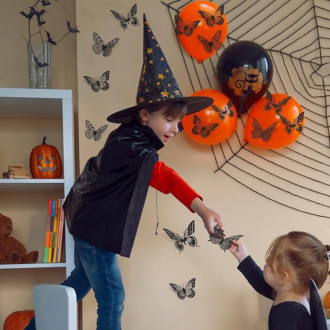 SAOROPEB 3D Butterfly Wall Decor 48 Pcs 4 Styles 3 Sizes, Gold Butterfly Decorations for Butterfly Birthday Decorations Butterfly Party Decorations Cake Decorations, Removable Stickers (Black)