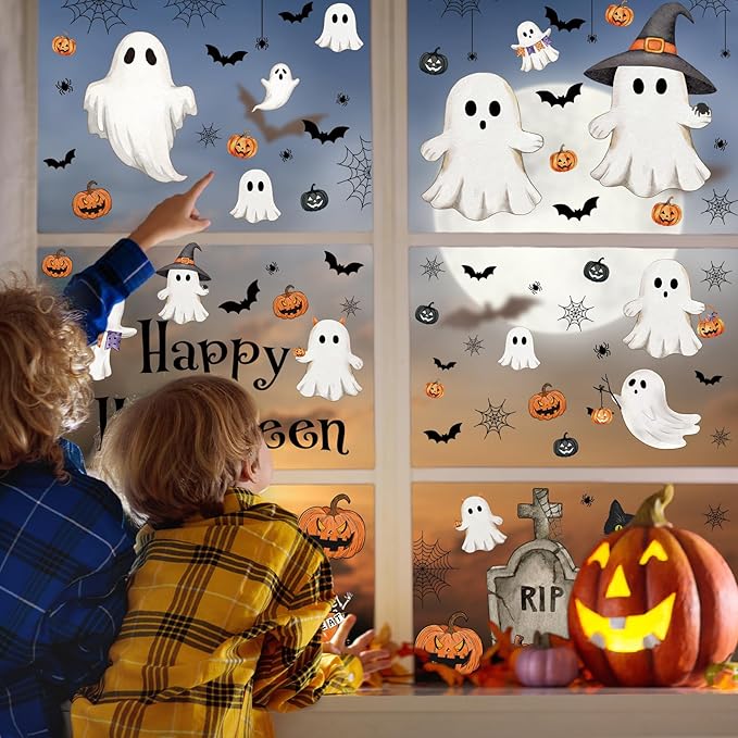 Vintage Halloween Window Clings 6 Sheets, Large Retro Spooky Ghost J-O-Lantern Pumpkin Reusable Window Decals Stickers for Home Halloween Party Decorations Supplies (Ghost)