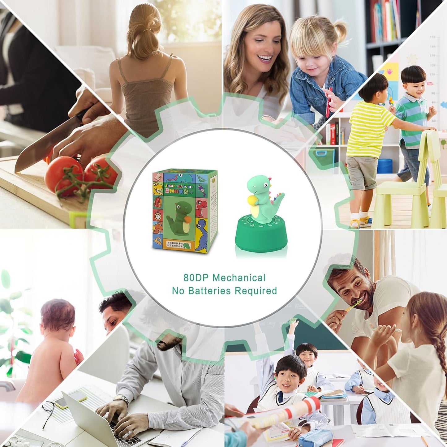 60 Minutes Mechanical Kitchen Timer,Cute Dinosaur Timer for Kids,Wind Up Egg Timer for Cooking,Reading,Classroom and Do Sports. (Light Green)