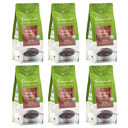 Teeccino French Roast Chicory Coffee Alternative - Ground Herbal Coffee That’s Prebiotic, Caffeine-Free & Acid Free, Dark Roast, 11 Ounce (Pack of 6)