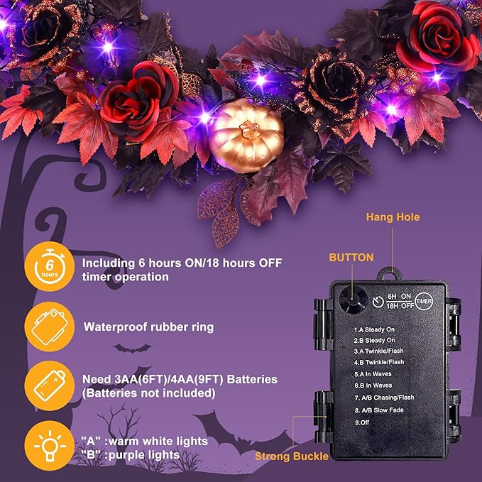 SHareconn 9FT Halloween Garland with Purple Lights Battery Operated and Timer, Pre-Lit Black Red Maple Leaves Lighted Garland Decorations for Fireplace Mantle Centerpiece Indoor Outdoor Decor, 9 FT