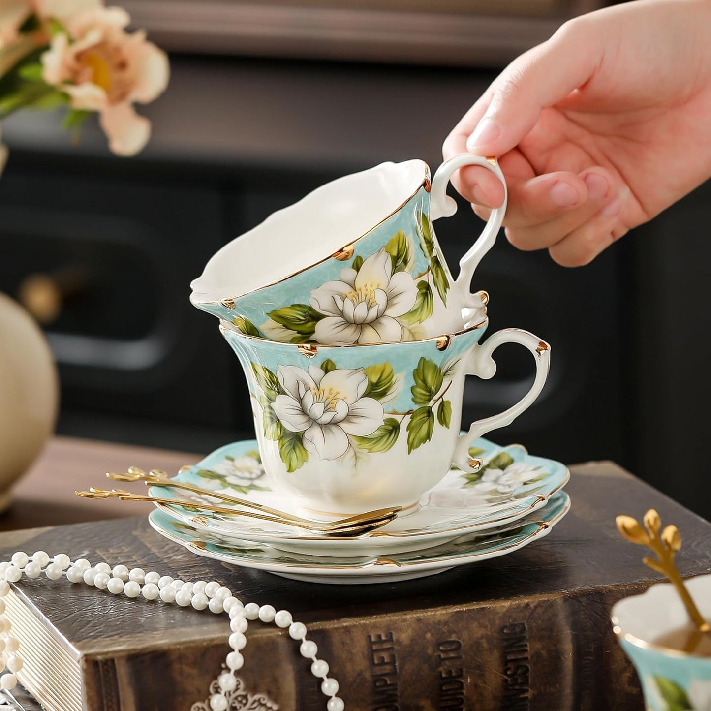 TATSUMI Country Roses Bone China Tea Cup and Saucer Set, 6 Pieces, Vintage Style, For Women and Tea Parties(Light Green, 2 sets)