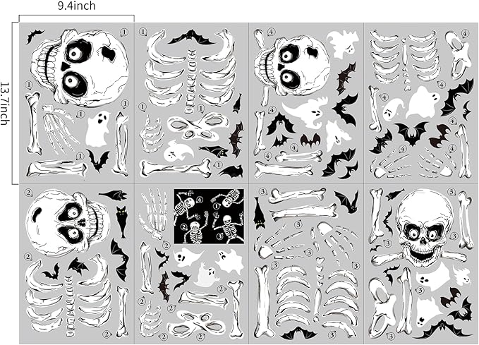 Halloween Window Skeleton Clings – 8 Sheets of Extra Large Cute and Scary Skeletons, Ghosts, and Bats for Home, School, Car Windows, Office, and Party Decor