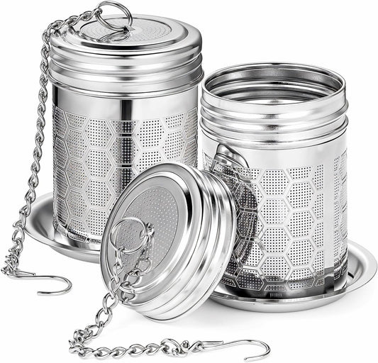 2 Pack Tea Strainers Infuser for Loose Tea 304 Stainless Steel Mesh Loose Leaf Steeper Diffuser with Chain Hook and Threaded Lid for Black Tea, Spices and Seasonings