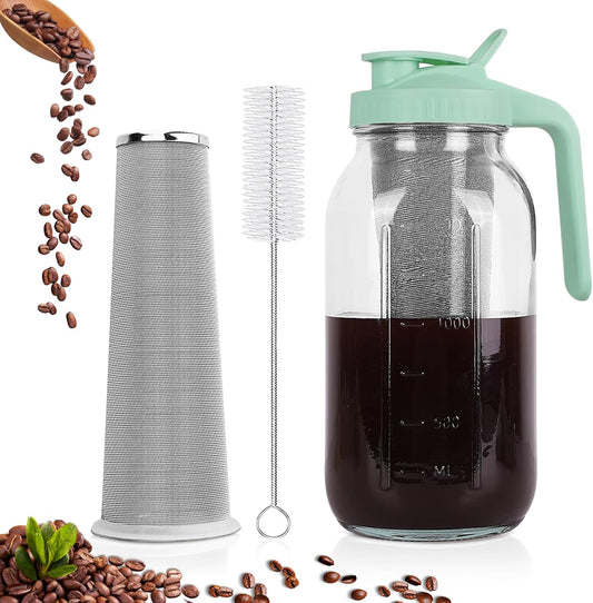 Cold Brew Coffee Maker，64 oz Wide Mouth Mason Jar Pitcher with Stainless Steel Filter, Pour Spout Handle Lid, Heavy Duty Glass Airtight & Leak-Proof Pitcher for iced coffee & Tea Lemonade-Green
