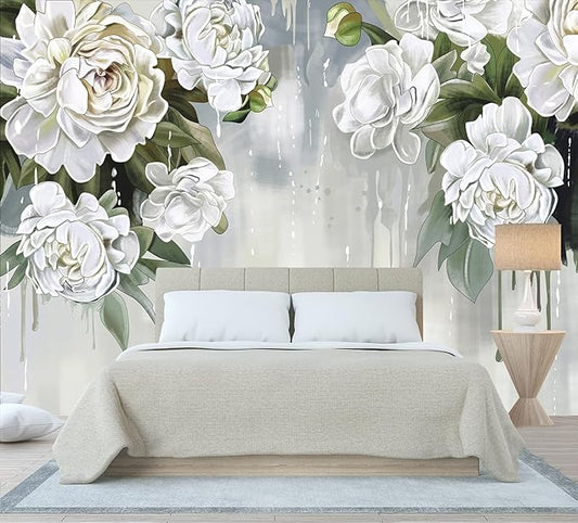 Vintage Floral Wallpaper Bedroom Hand-Painted White Peonies Flowers Wall Mural Children's Room (Not Peel and Stick)