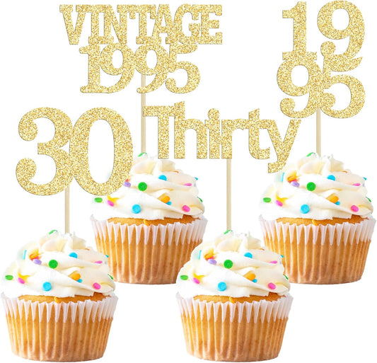 Gyufise 24Pcs Happy 30th Birthday Cupcake Toppers Glitter Thirty 30 Fabulous Vintage 1995 Cupcake Picks for 30th Birthday Wedding Anniversary Party Cake Decorations Supplies Gold