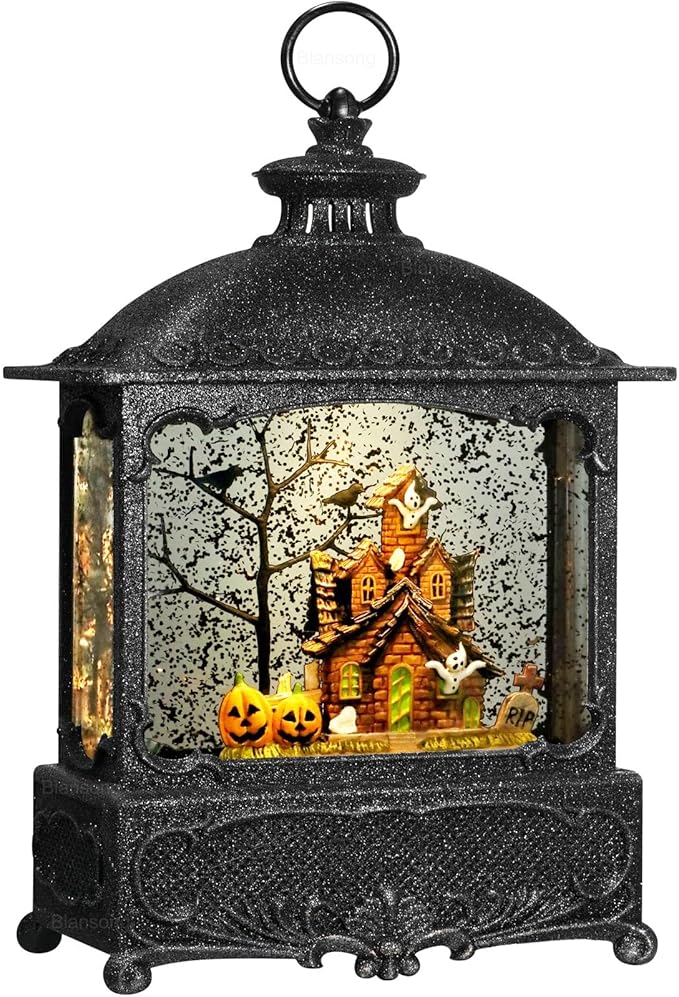 Halloween Snow Globe Lantern Ghost Snow Globe Halloween Decorations for Home Haunted House Pumpkin Ghost Tree Crow Rip Dancing Bats with Timer, USB and Battery Powered 12 inch