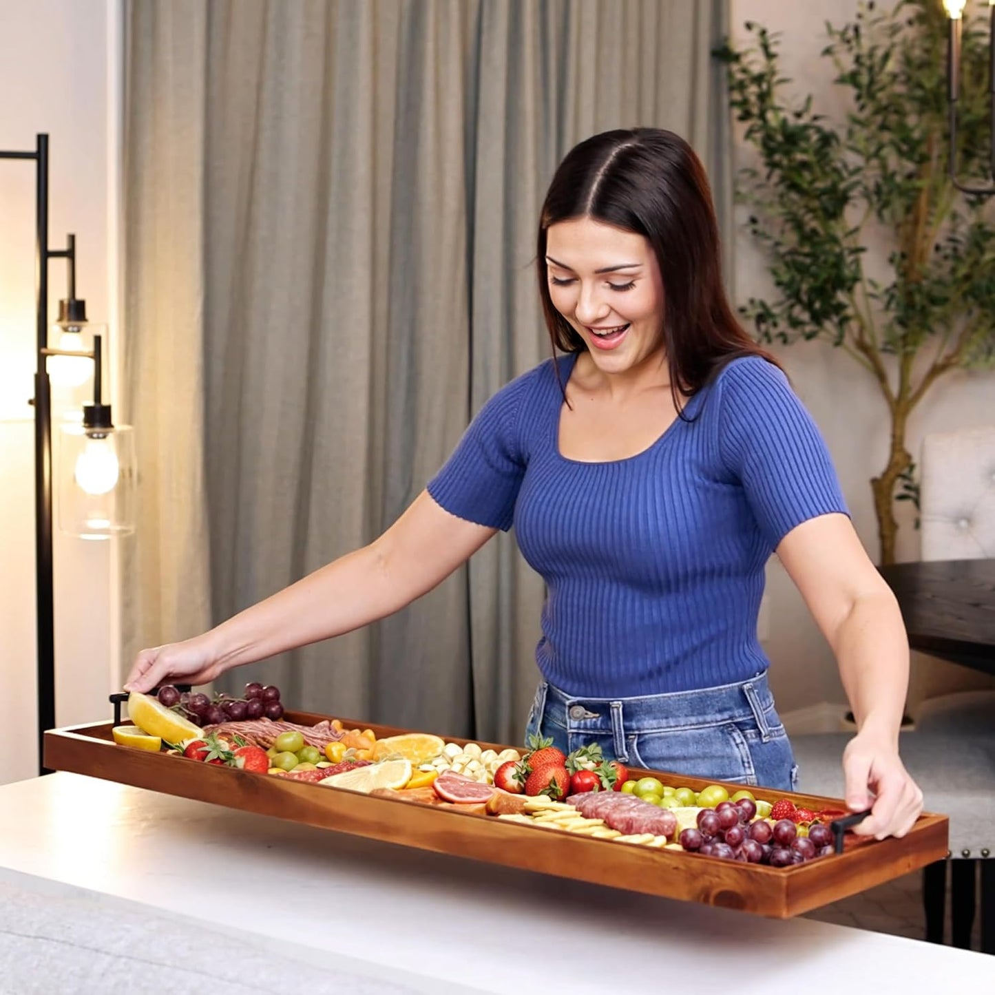 Acacia 36 Inch Large Charcuterie Boards for Party with Cheese Knife Set of 4 – Acacia Wood Serving Tray with Handles, Long Charcuterie Board, Wooden Cheese Board