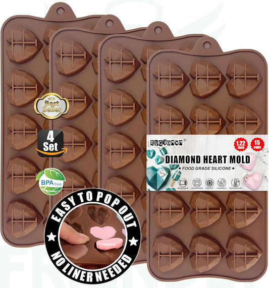Mini Diamond Heart Shaped Chocolate Mold 15 Holes 3D Heart Candy Molds Silicone Mini Silicone Baking Pan - 4 Pack