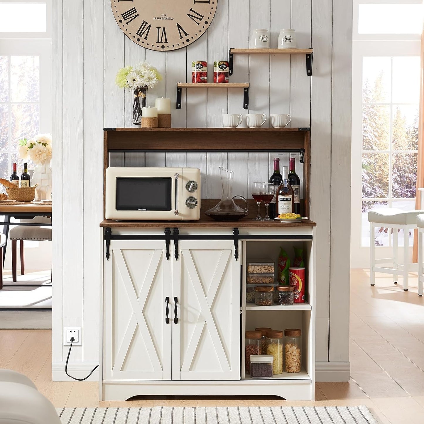 Wnutrees Farmhouse Coffee Bar Cabinet with Charging Station and USB Ports, Sliding Barn Door, 43" Kitchen Hutch Sideboard Buffet Storage Cabinet, Fits Kitchen Dining Living Room, White