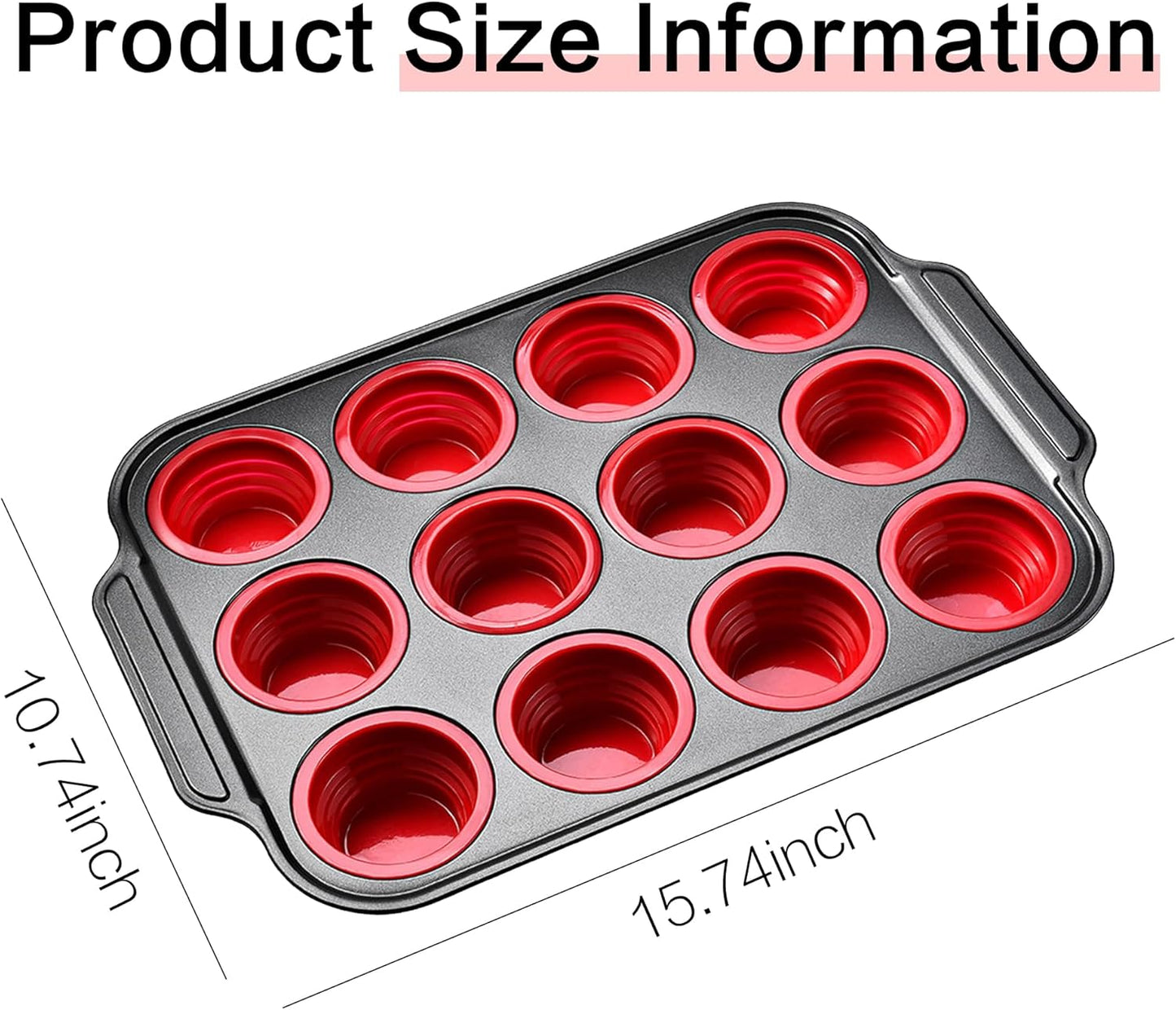 Silicone Muffin Pan, Silicone Cupcake Pan for Baking, 12 Cup Muffin Pans for Oven with Metal Frame, Non Stick Baking Cups with Press To Release Design, Cake Pop Mold, Egg Bites Mold, Red