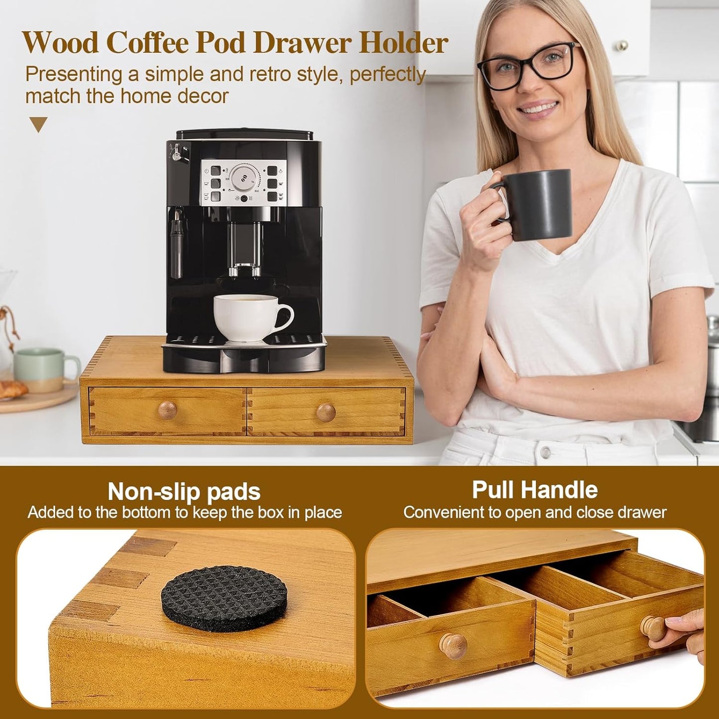 K Cup Storage Organizer,Wood Coffee Pod and Tea Bag Holder,Kcup Drawer Coffee Maker Stand,Home Kitchen Counter Holds Up to 30 Pods Capacity