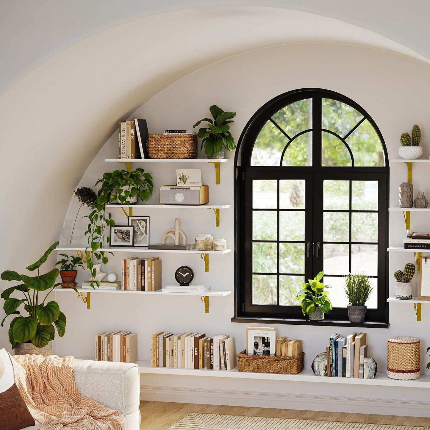 DINZI LVJ Long Wall Shelves, Set of 4, 31.5Inch Wall Mounted Shelves, Floating Shelves for Wall Storage with Metal Brackets, for Living Room, Bathroom, Bedroom, Kitchen, White and Gold