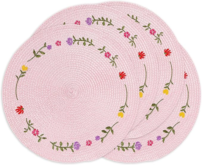 Whaline 4Pcs Round Placemats Spring Flower Embroidered Place Mats Pink Floral Dinner Table Mats for Home Holiday Wedding Bridal Baby Shower Birthday Party Decor