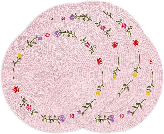 Whaline 4Pcs Round Placemats Spring Flower Embroidered Place Mats Pink Floral Dinner Table Mats for Home Holiday Wedding Bridal Baby Shower Birthday Party Decor