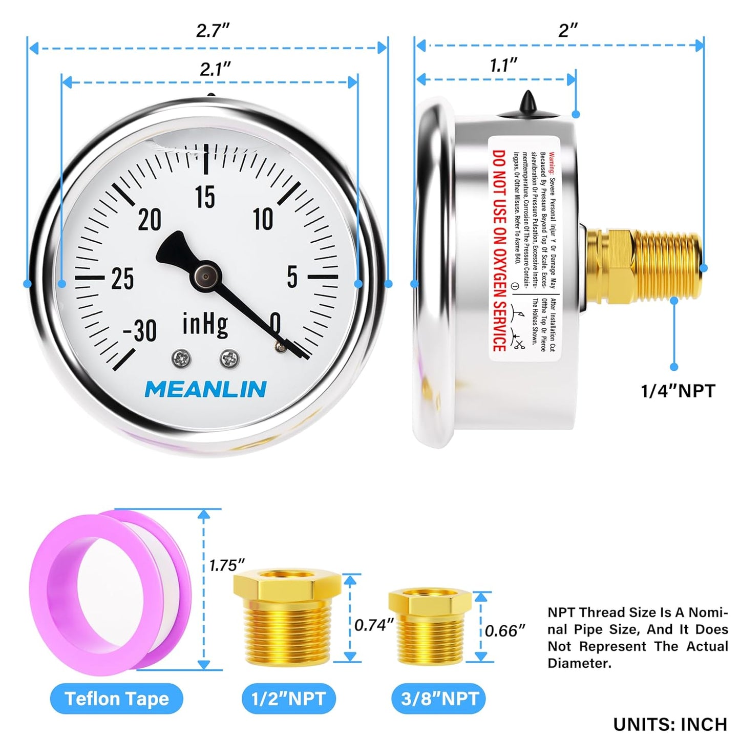 MEANLIN MEASURE -30inHG~0Psi Stainless Steel 1/4" NPT 2.5" FACE DIAL,Vacuum Liquid Filled Pressure Gauge,Single Scale, WOG Water Oil Air, Back Mount, with 1/2" NPT and 3/8" NPT Hex Bushing